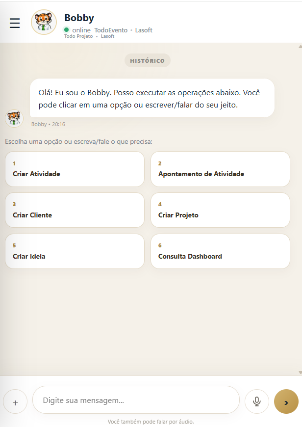 Assistente inteligente Bobby executando operações